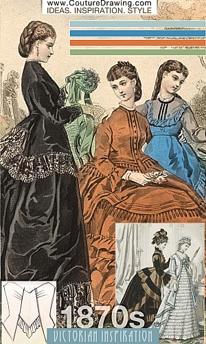 Victorian Fashion 1870s inspiration. Corset dresses with ruffles. Color palette: blue-tone, blue shade, orange tone, lim