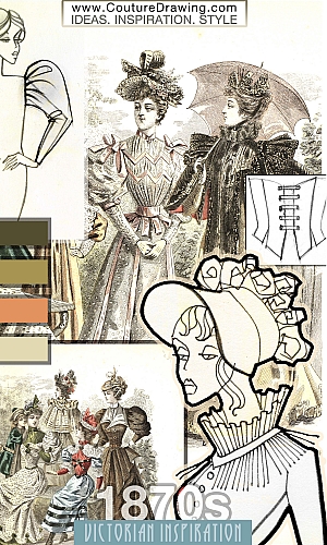 Victorian Fashion 1870s inspiration. Accessories: hats. Leg-of-mutton sleeve.  Color palette: olive tone, olive-shade, o