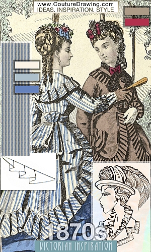 Victorian Fashion 1870s inspiration. Accessories: hats. Asymmetrical ruffles. Pattern: stripes. Color palette: blue tone